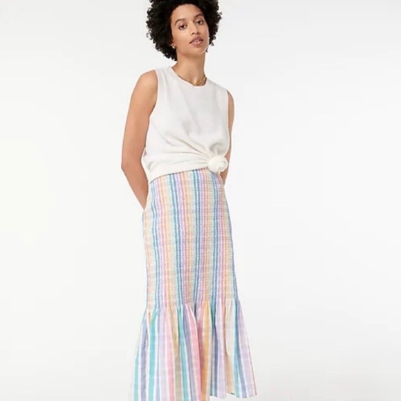 J. Crew Dresses & Skirts - J CREW Smocked Midi Skirt Rainbow Stripe Womens White Pink Cotton Resort NEW